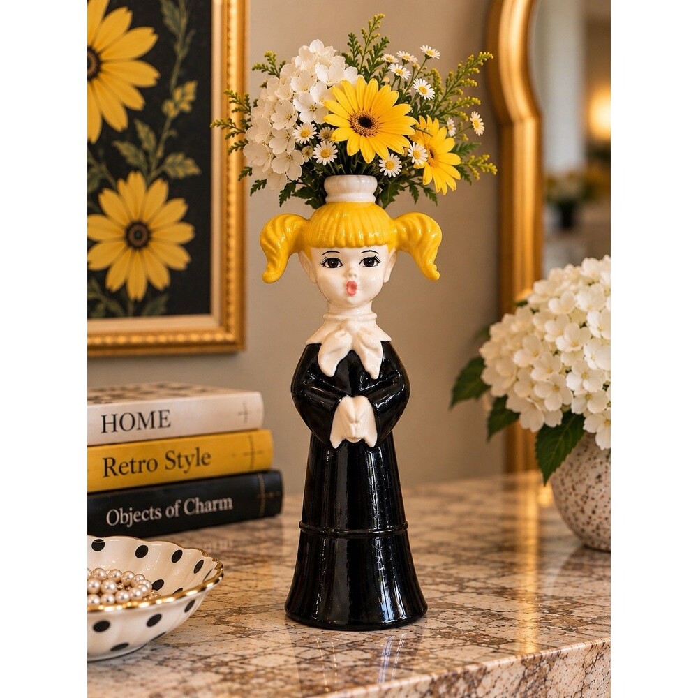 Vintage Kitsch Ceramic Girl Candlestick Holder Vase Yellow Pigtails Retro Decor